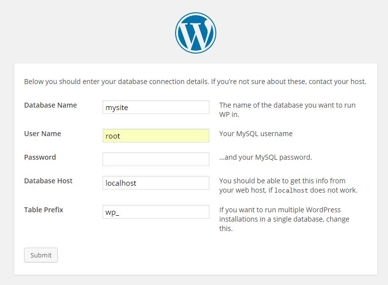 WordPress installation and database settings